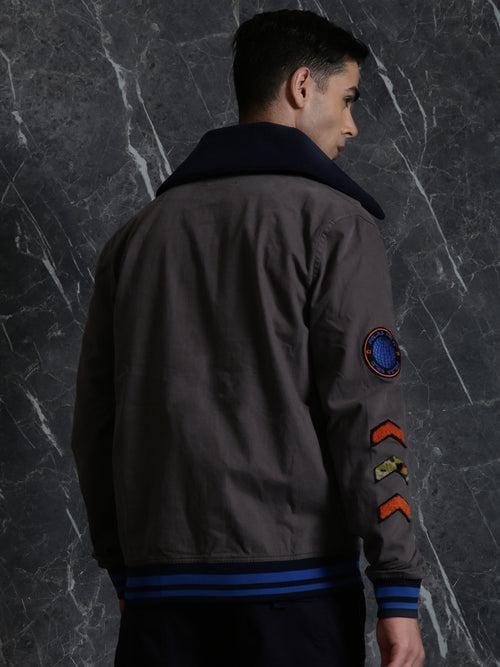 Grey Full Sleeve Utility Jacket with Detachable Collar