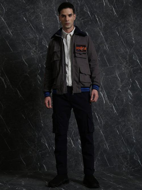 Grey Full Sleeve Utility Jacket with Detachable Collar