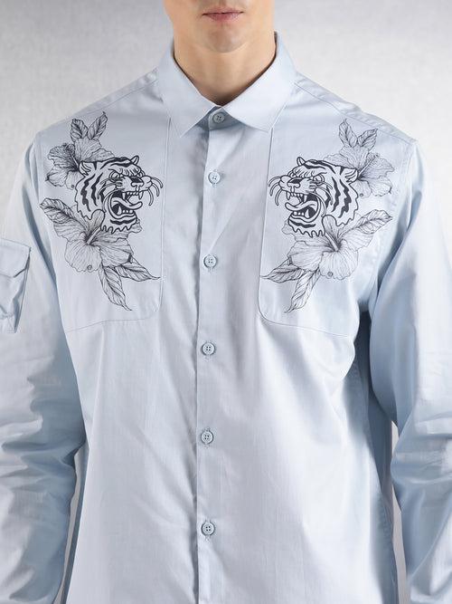 Sky Blue Floral pigment print Relaxed Fit Full Sleeve Shirt