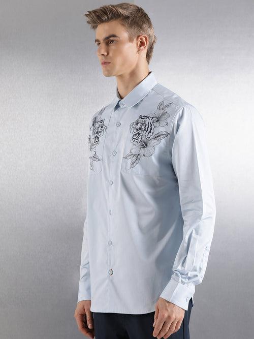 Sky Blue Floral pigment print Relaxed Fit Full Sleeve Shirt