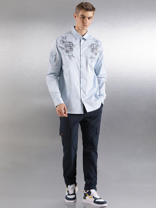 Sky Blue Floral pigment print Relaxed Fit Full Sleeve Shirt