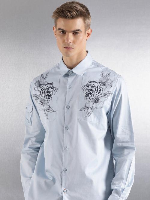 Sky Blue Floral pigment print Relaxed Fit Full Sleeve Shirt