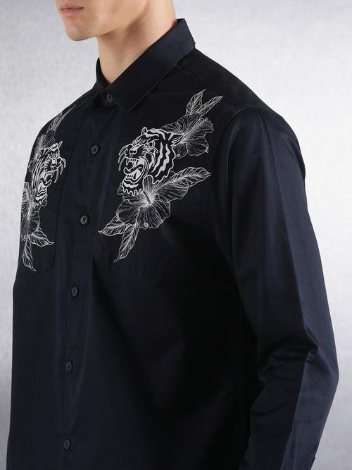 Navy Floral Pigment Print Relaxed Fit Full Sleeve Shirt