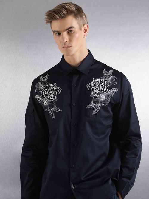Navy Floral Pigment Print Relaxed Fit Full Sleeve Shirt