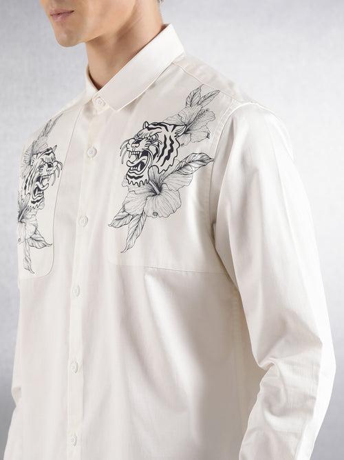 Off-White Floral Pigment Print Full Sleeve Relaxed Fit Shirt