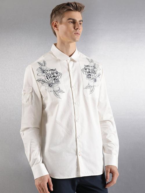Off-White Floral Pigment Print Full Sleeve Relaxed Fit Shirt