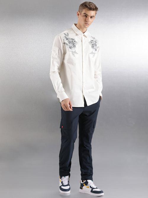 Off-White Floral Pigment Print Full Sleeve Relaxed Fit Shirt