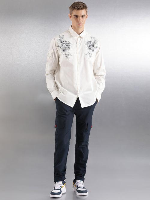 Off-White Floral Pigment Print Full Sleeve Relaxed Fit Shirt