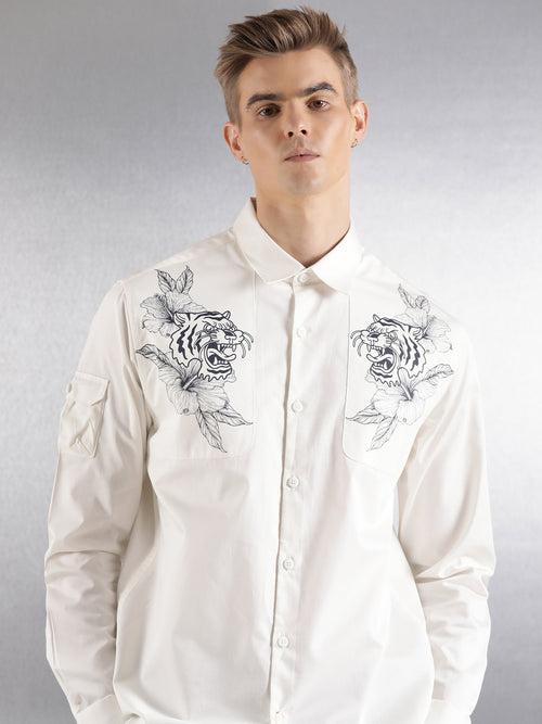 Off-White Floral Pigment Print Full Sleeve Relaxed Fit Shirt