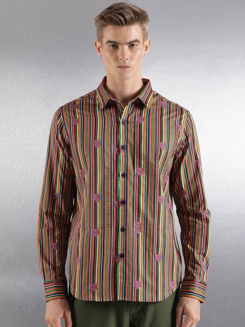 Olive Stripe Print Full Sleeve Relaxed Fit Shirt