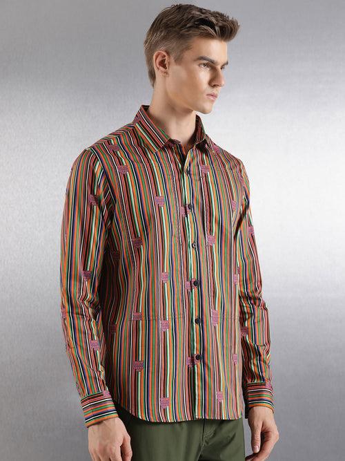 Olive Stripe Print Full Sleeve Relaxed Fit Shirt