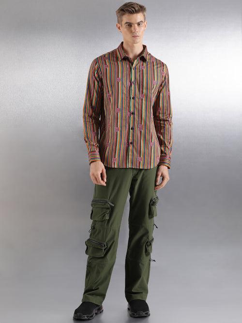 Olive Stripe Print Full Sleeve Relaxed Fit Shirt