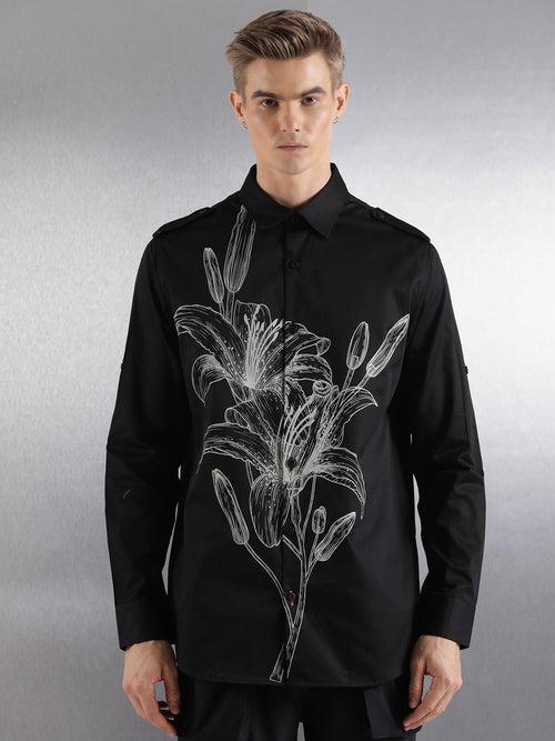 Black Printed Full Sleeve Relaxed Fit Shirt