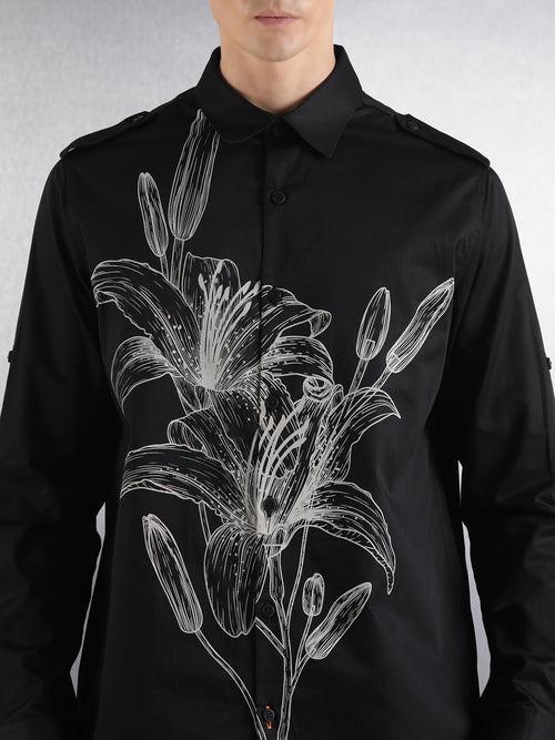 Black Printed Full Sleeve Relaxed Fit Shirt