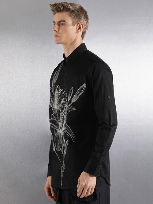 Black Printed Full Sleeve Relaxed Fit Shirt