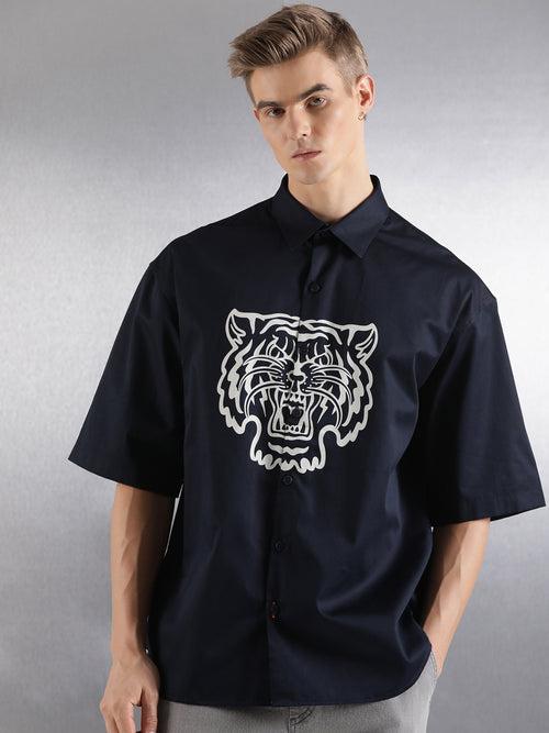 Navy Half Sleeve Tiger Pigment Print Shirt