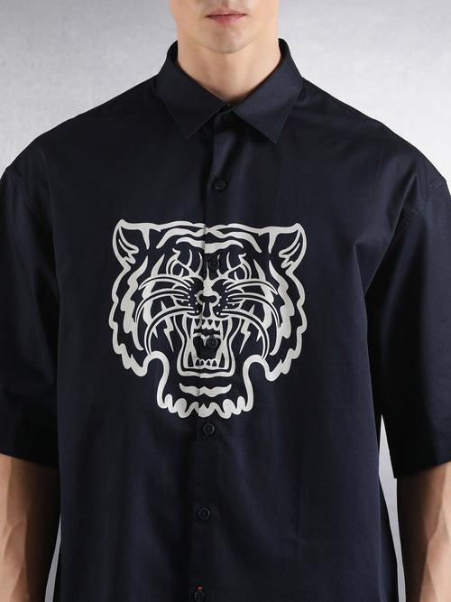 Navy Half Sleeve Tiger Pigment Print Shirt