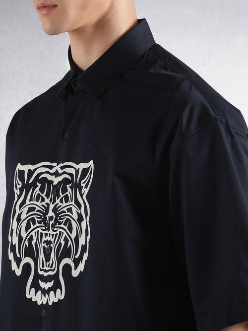 Navy Half Sleeve Tiger Pigment Print Shirt