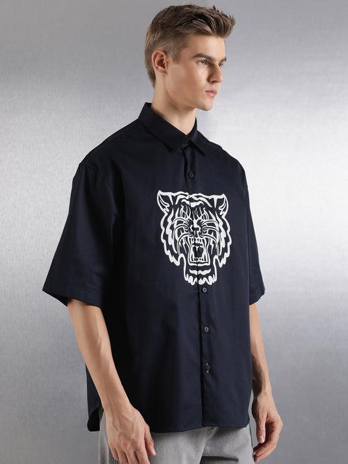 Navy Half Sleeve Tiger Pigment Print Shirt