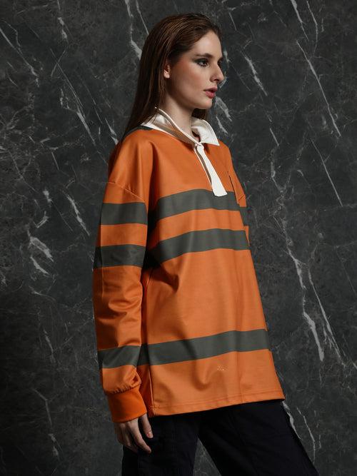 Orange Striped Full sleeve Oversized Polo