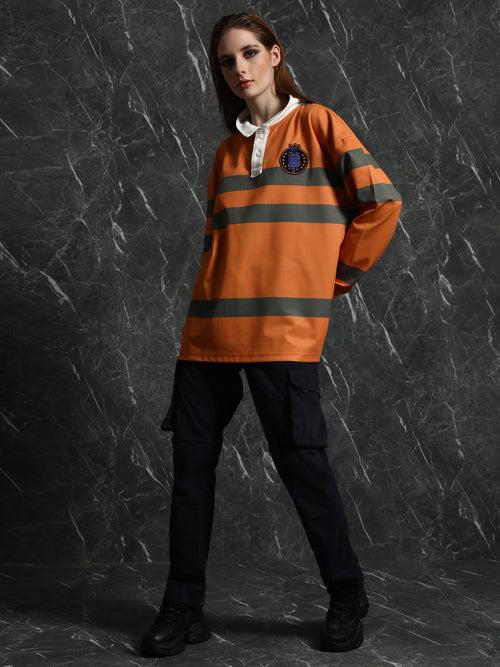 Orange Striped Full sleeve Oversized Polo