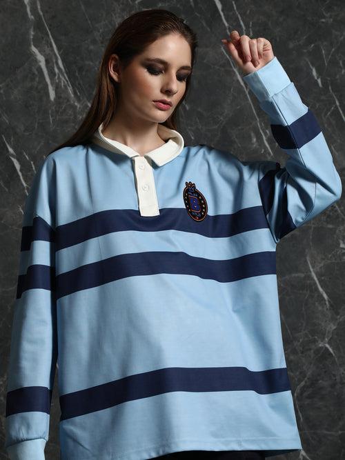 Sky Blue Striped Full Sleeve Oversized Polo