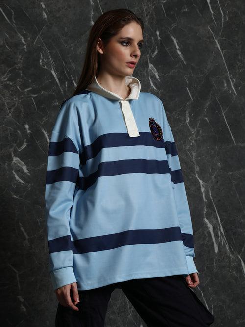 Sky Blue Striped Full Sleeve Oversized Polo