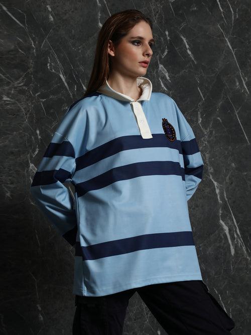 Sky Blue Striped Full Sleeve Oversized Polo