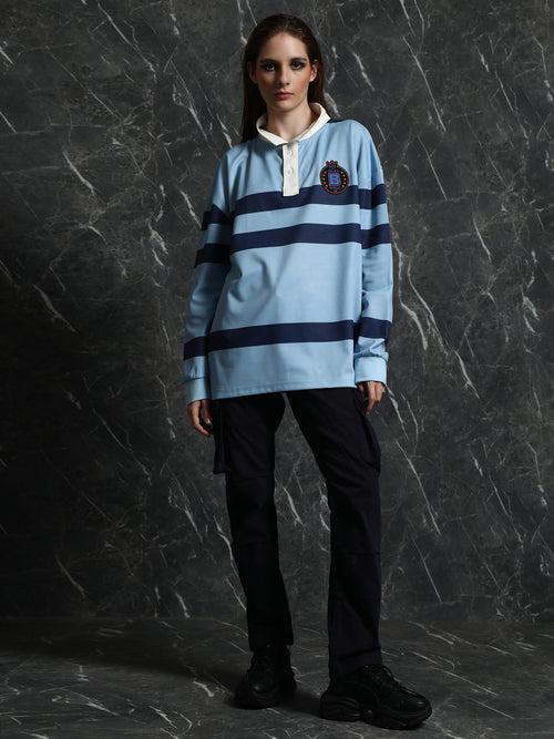 Sky Blue Striped Full Sleeve Oversized Polo