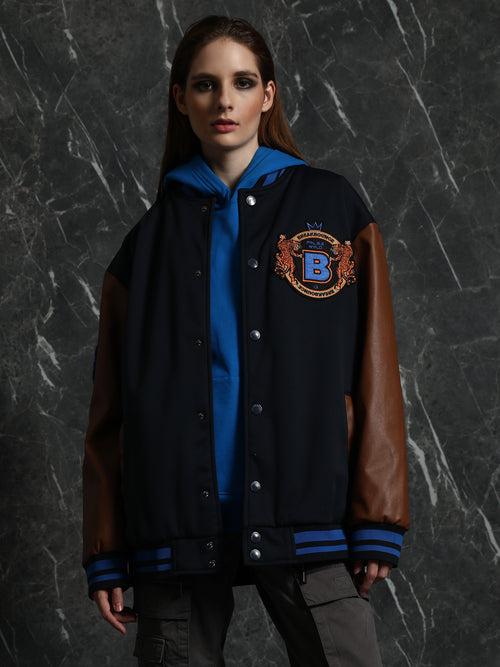 Navy Oversized Bomber Jacket with PU Sleeve