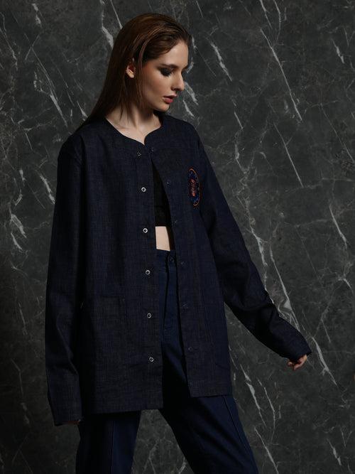 Dark Blue Full Sleeve Varsity Relaxed Fit Shirt