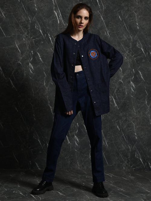 Dark Blue Full Sleeve Varsity Relaxed Fit Shirt