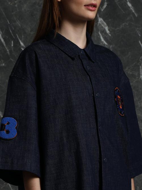 Dark Blue Embroidery applique Oversized Shirt