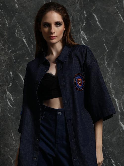 Dark Blue Embroidery applique Oversized Shirt