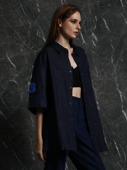 Dark Blue Embroidery applique Oversized Shirt