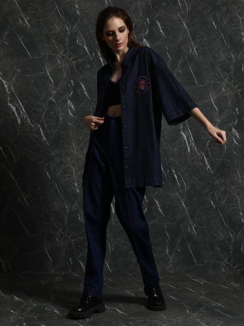 Dark Blue Embroidery applique Oversized Shirt