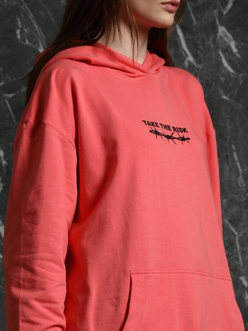 Coral Full Sleeve Fearless Relaxed Fit Hoodie