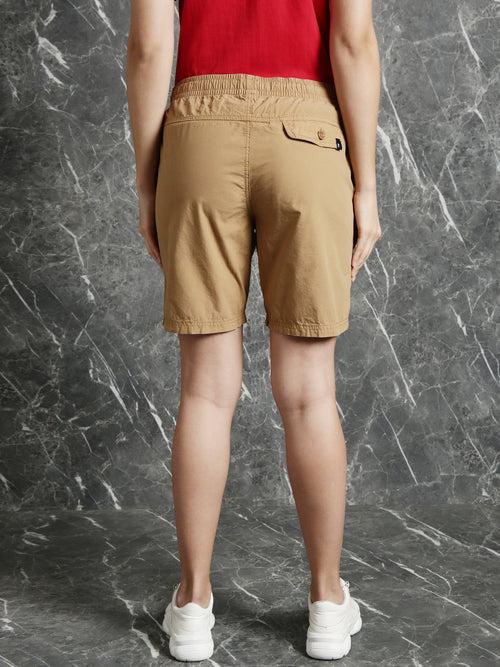 Light Camel  Slim Fit Solid Shorts