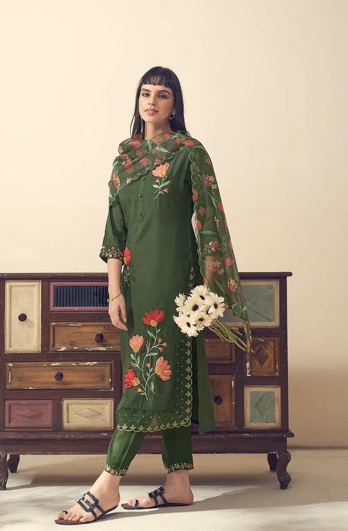 Mangala MossGreen Applique Embroidery Suit Set