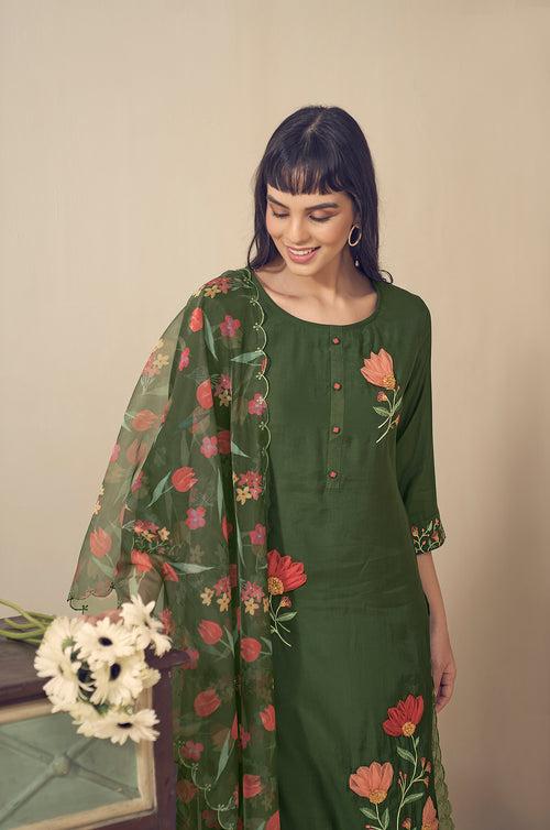 Mangala MossGreen Applique Embroidery Suit Set