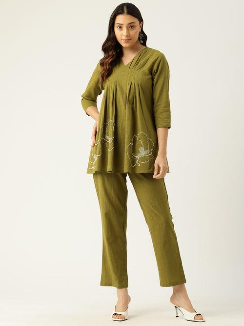 Raya Olive Cotton Embroidered Co-ord Set