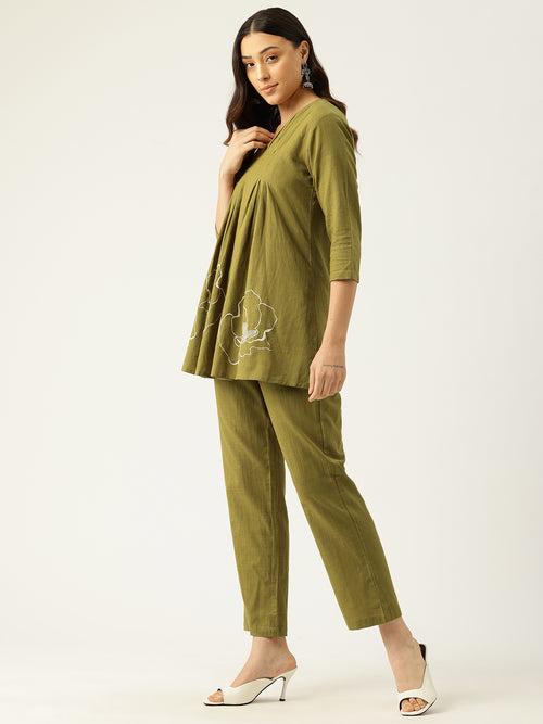 Raya Olive Cotton Embroidered Co-ord Set