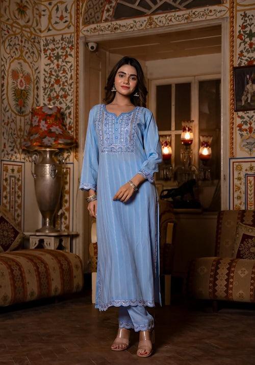 Gunjan Softblue Work Cotton Suit Set