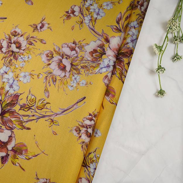 (Pre-Cut 2.50 Mtr)Yellow Floral Pattern Digital Printed Bemberg Modal Dobby Fabric