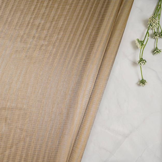 (Pre-Cut 1.95 Mtr)Beige- Golden Zari Check Pattern Fancy Silk-Linen Tissue Fabric