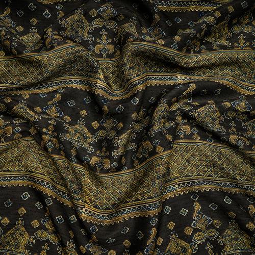 (Pre-Cut 3.00 Mtr)Deep Brown Motif Pattern Handcrafted Natural Dyes Ajrak Printed Modal Satin Dobby Fabric