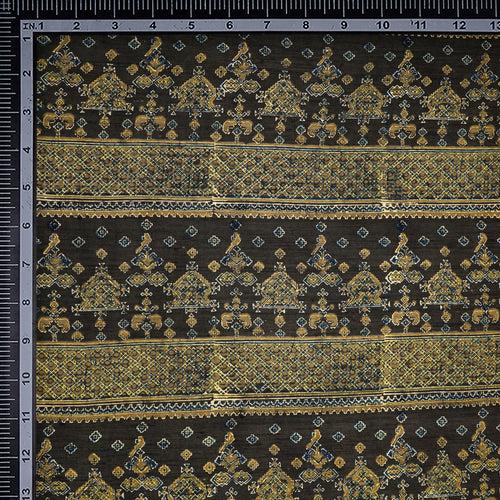 (Pre-Cut 3.00 Mtr)Deep Brown Motif Pattern Handcrafted Natural Dyes Ajrak Printed Modal Satin Dobby Fabric