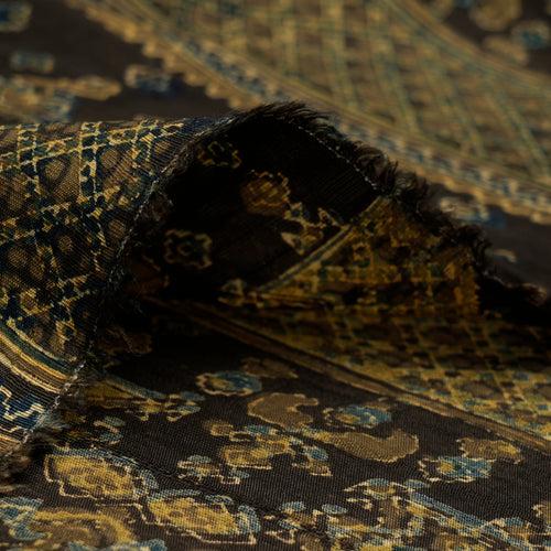 (Pre-Cut 3.00 Mtr)Deep Brown Motif Pattern Handcrafted Natural Dyes Ajrak Printed Modal Satin Dobby Fabric