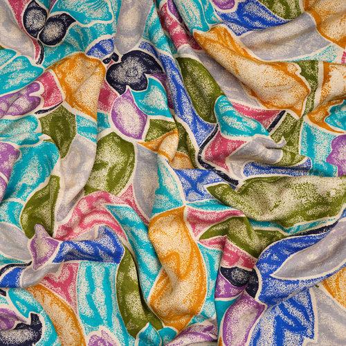 Multi Color Floral Pattern Screen Print Noile Silk Fabric