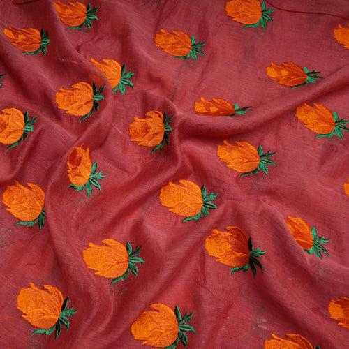 Tomato Puree Motif Pattern Thread Embroidered Chanderi Fabric